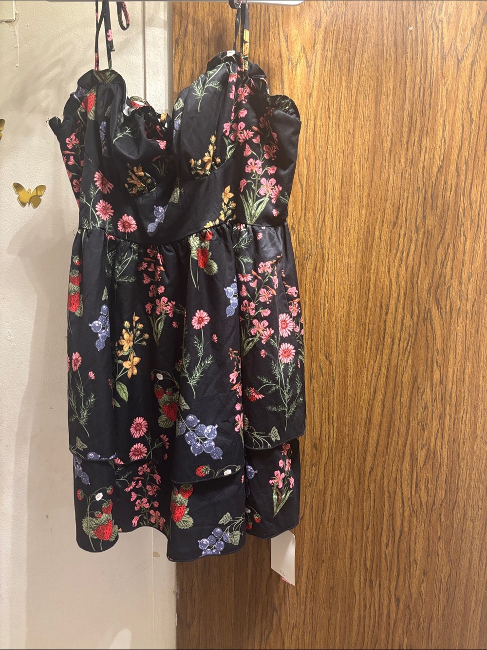 Cider Black Floral Tiered Party Dress with Pink & Purple Accents